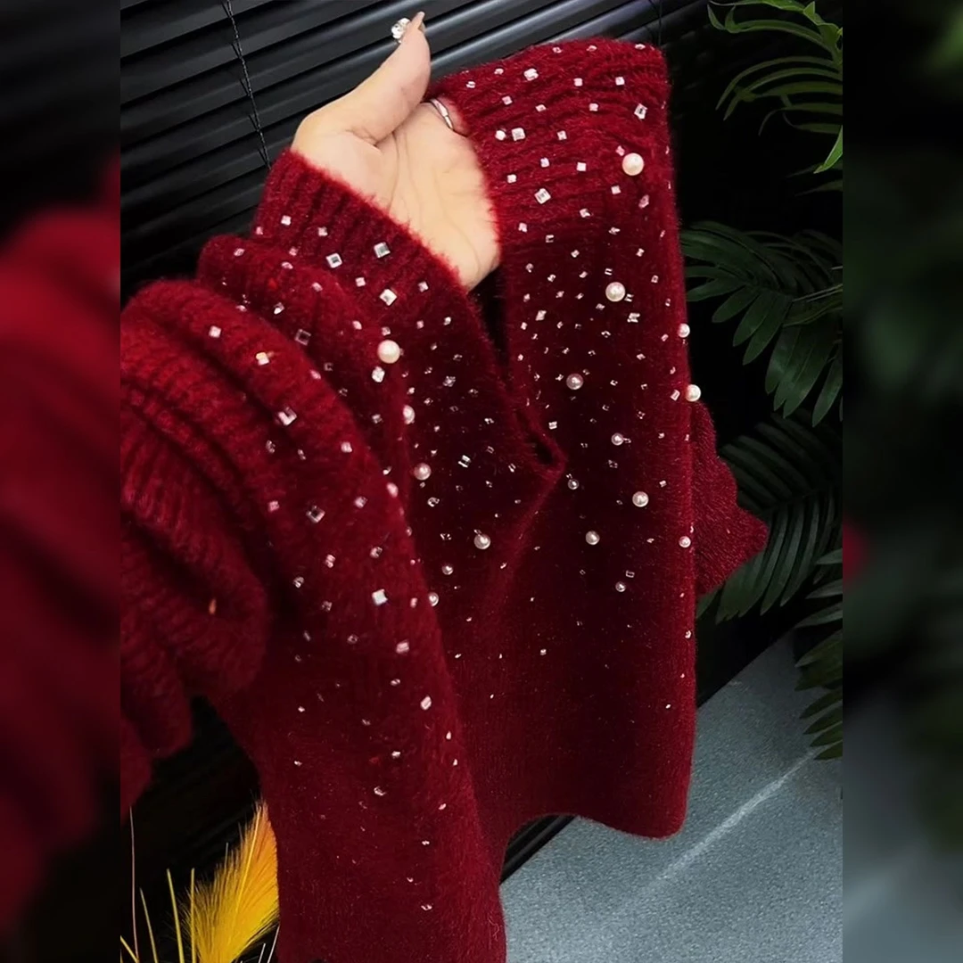 气质显白钉珠V领针织毛衣女秋百搭宽松显瘦烫钻轻奢大码胖mm上衣