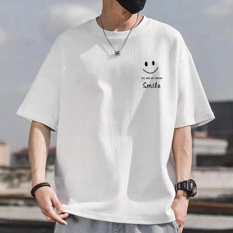 仓石一树夏季圆领短袖T恤男笑脸印花ins百搭休闲上衣轻奢痞帅男装