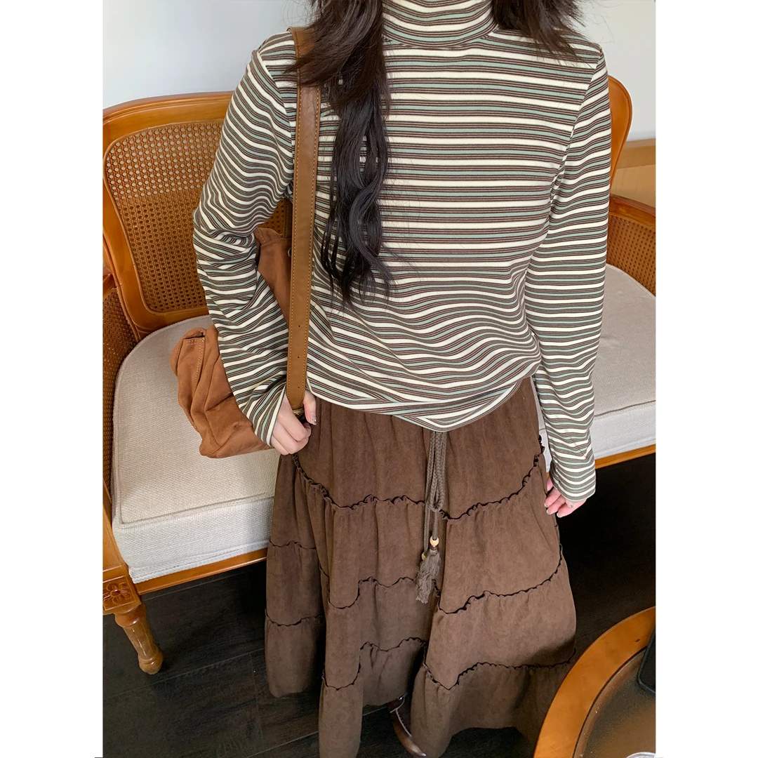 NIDEBLACK韩系少女秋条纹高领内搭长袖T恤复古宽松打底衫上衣