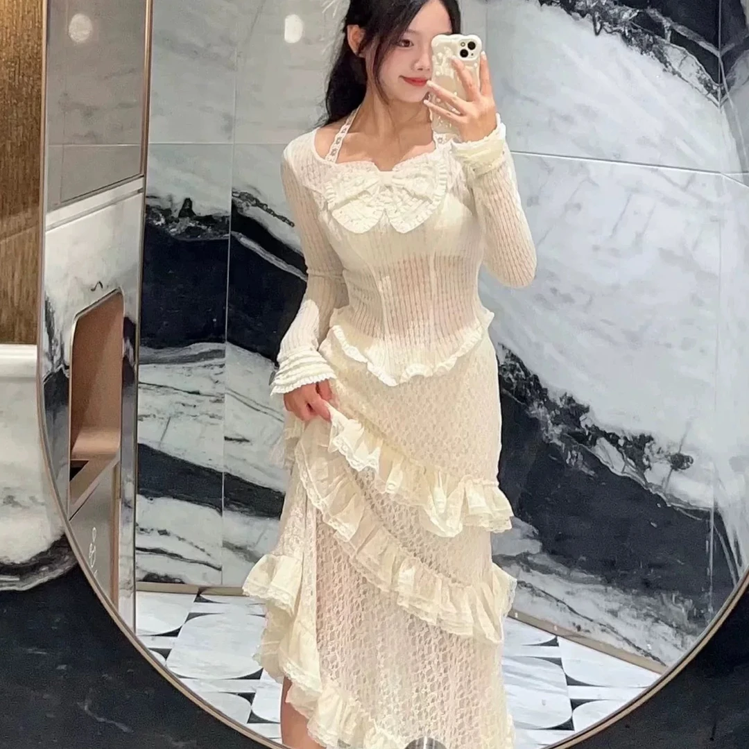 2025秋季新款时尚蝴蝶结装饰喇叭袖白提花针织上衣女