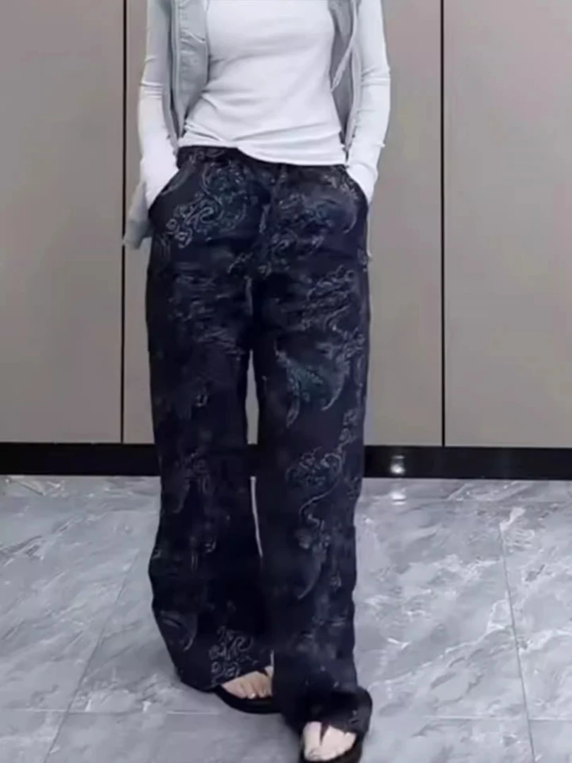 老钱风印花亚麻休闲裤女夏季薄款大码显瘦时尚百搭抽绳直筒阔腿裤