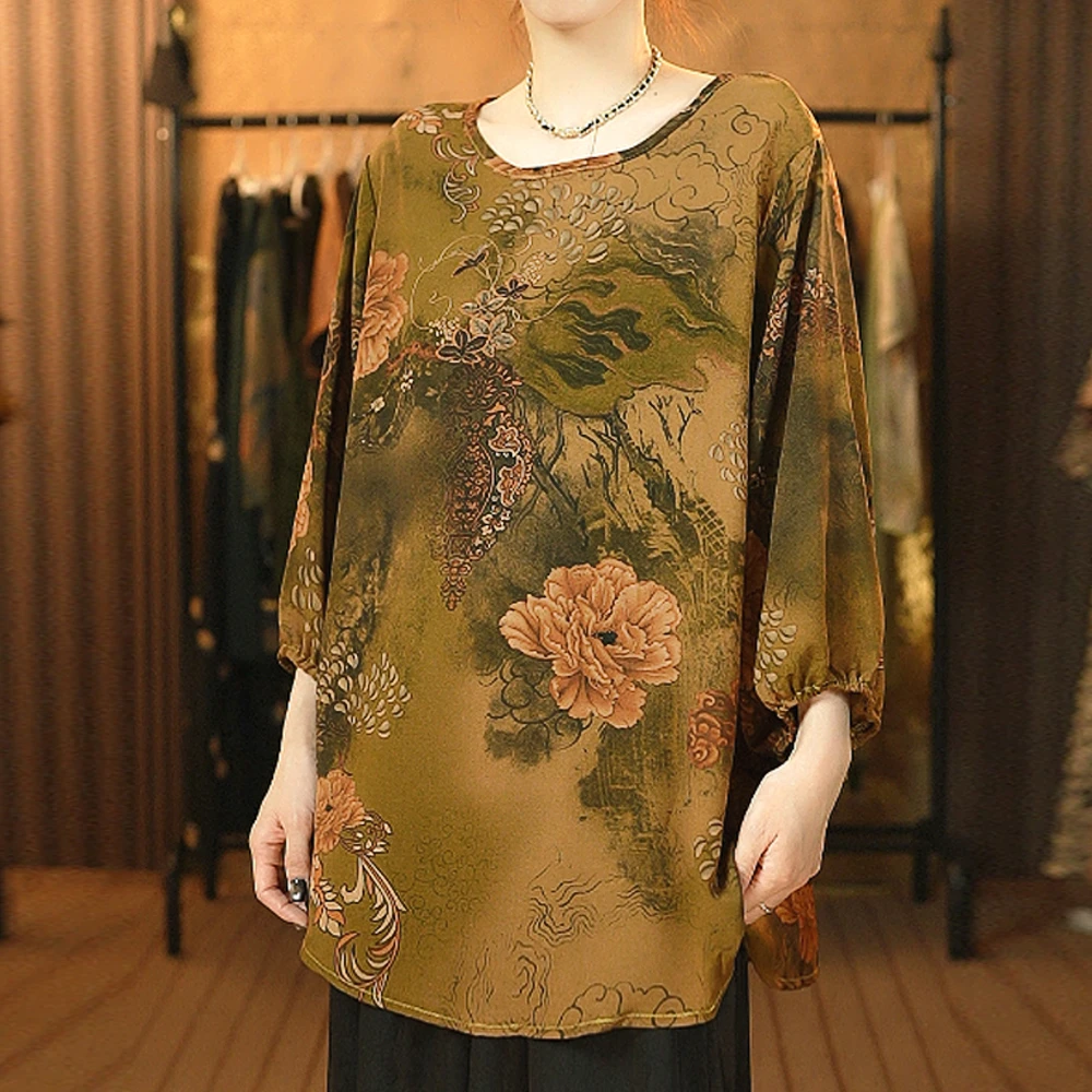 【白雪.荐选】桑蚕丝新中式牡丹花开套装遮肉百搭衬衫上衣K186