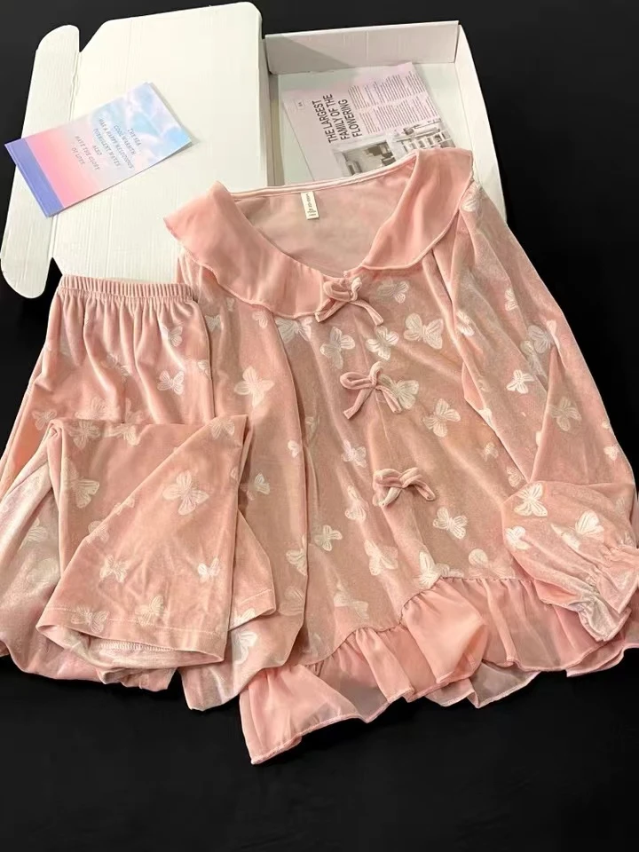 1.睡衣女装蕾丝家居服秋冬加厚花边宽松大码少女学生甜美网红可爱