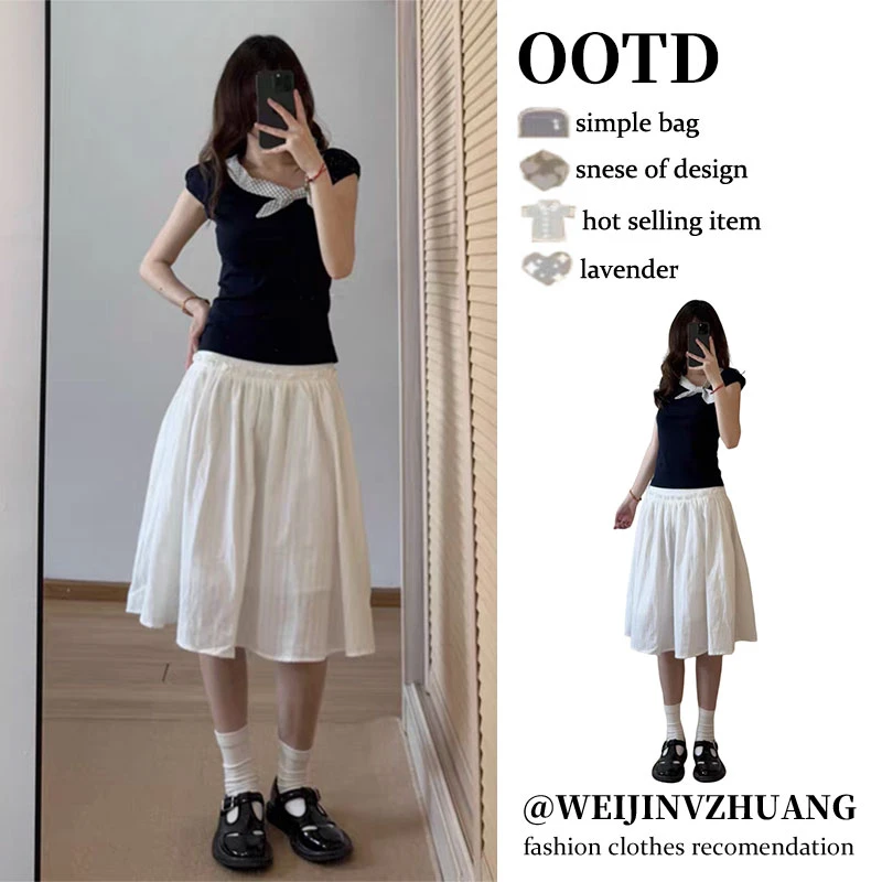 YIDENG2025夏季新款学院风修身格纹蝴蝶结短袖T恤收腰设计感上衣