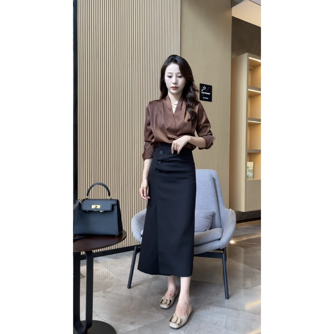 【梦婷家】夏季新款不规则气质高级感开叉半身裙-24369