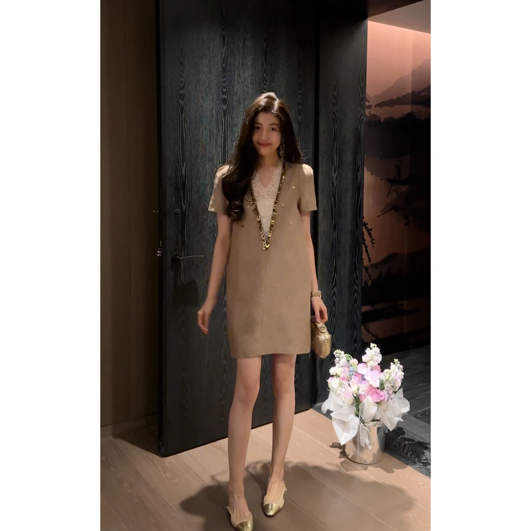 【N·COU】25春新款【丁达尔】重工定制亮片拼接V领亚麻连衣裙DY52123