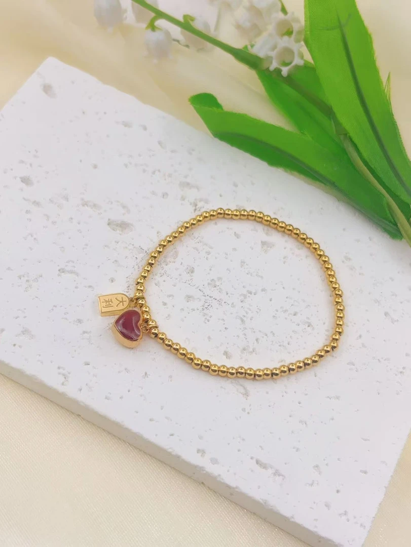 钛钢珐琅手链 【Kiss娜】钛钢3683甜美弹力绳珠珠红桃心手链