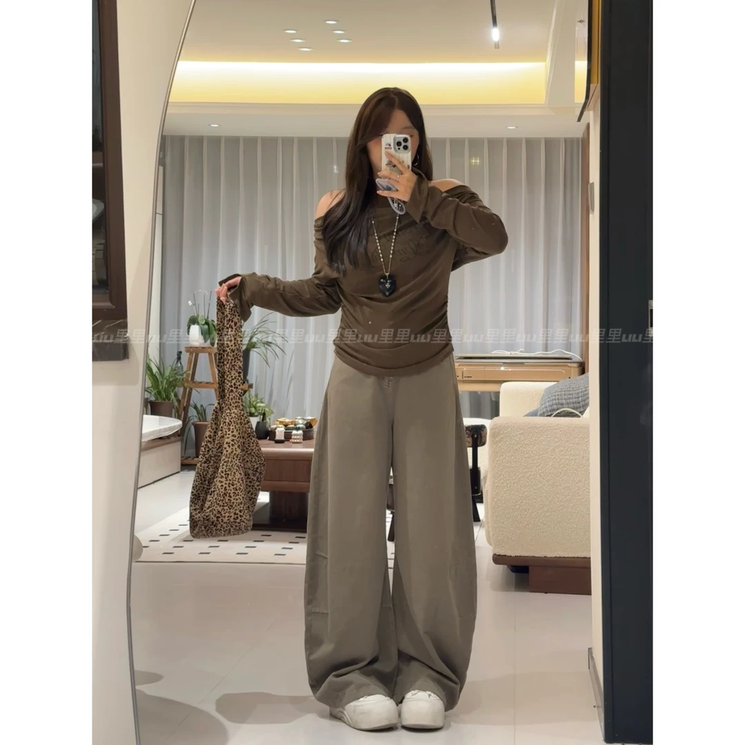 【火火】灰绿色弯刀牛仔裤女新款显瘦设计感宽松阔腿裤子（不含丝带）