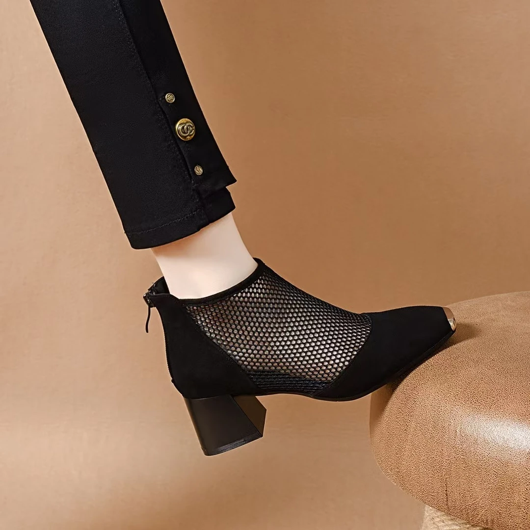 2025纯色夏季方头女真皮罗马凉鞋网靴反绒黑色时尚凉靴女尖头百搭