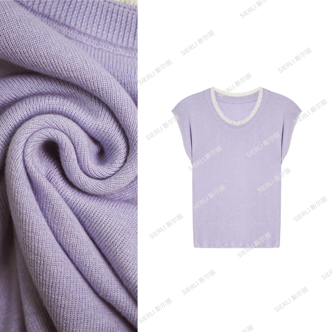 斯尔丽法式蕾丝花边领子短袖针织衫女气质弹力纯色百搭D170*