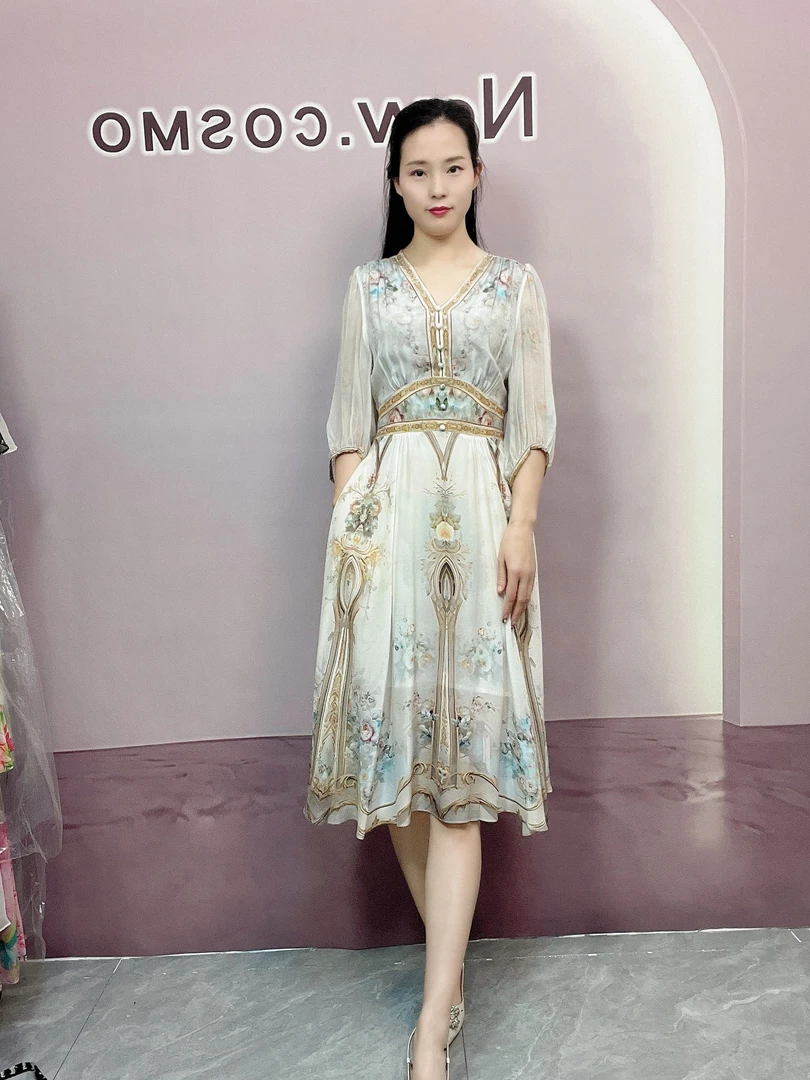 【深圳南油沐溪女装】新款夏季桑蚕丝法式碎花气质显瘦长款连衣裙