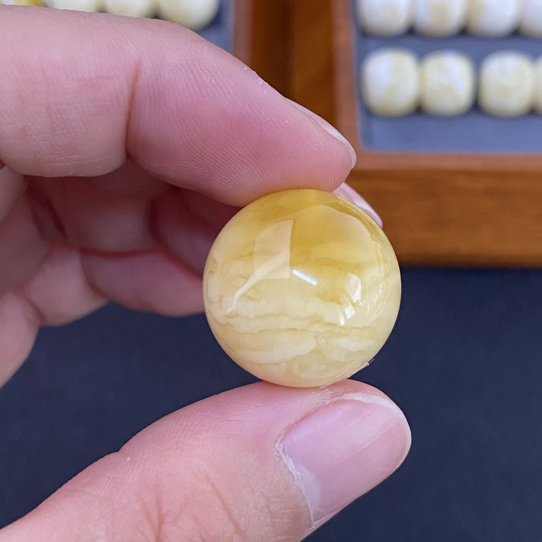 G216天然蜜蜡圆珠19.3mm金白溶洞锁骨珠猴头星月金刚文玩配饰单珠