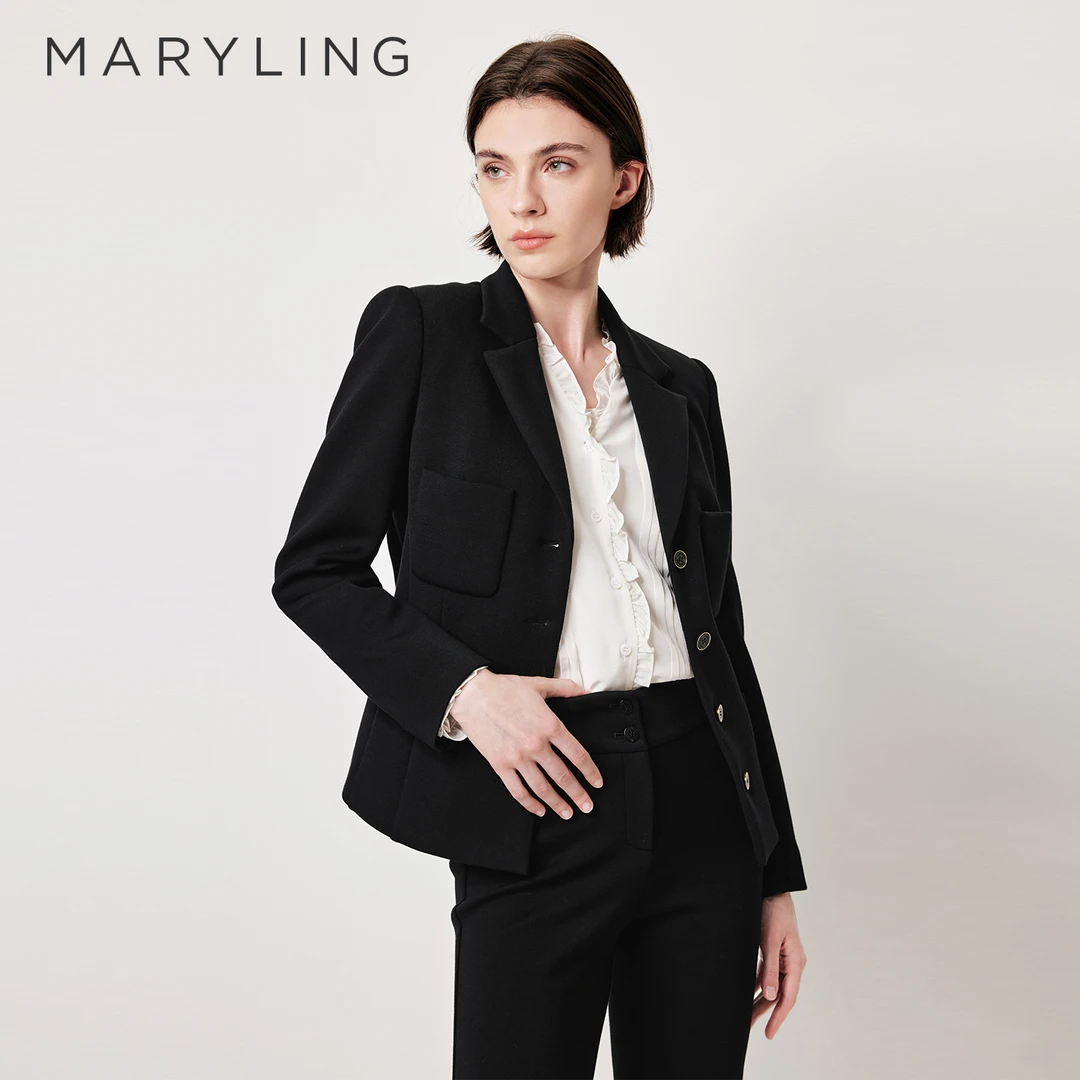 MARYLING玛俪琳2026春夏新品黑色翻领职场气质西装外套A1GAW14080