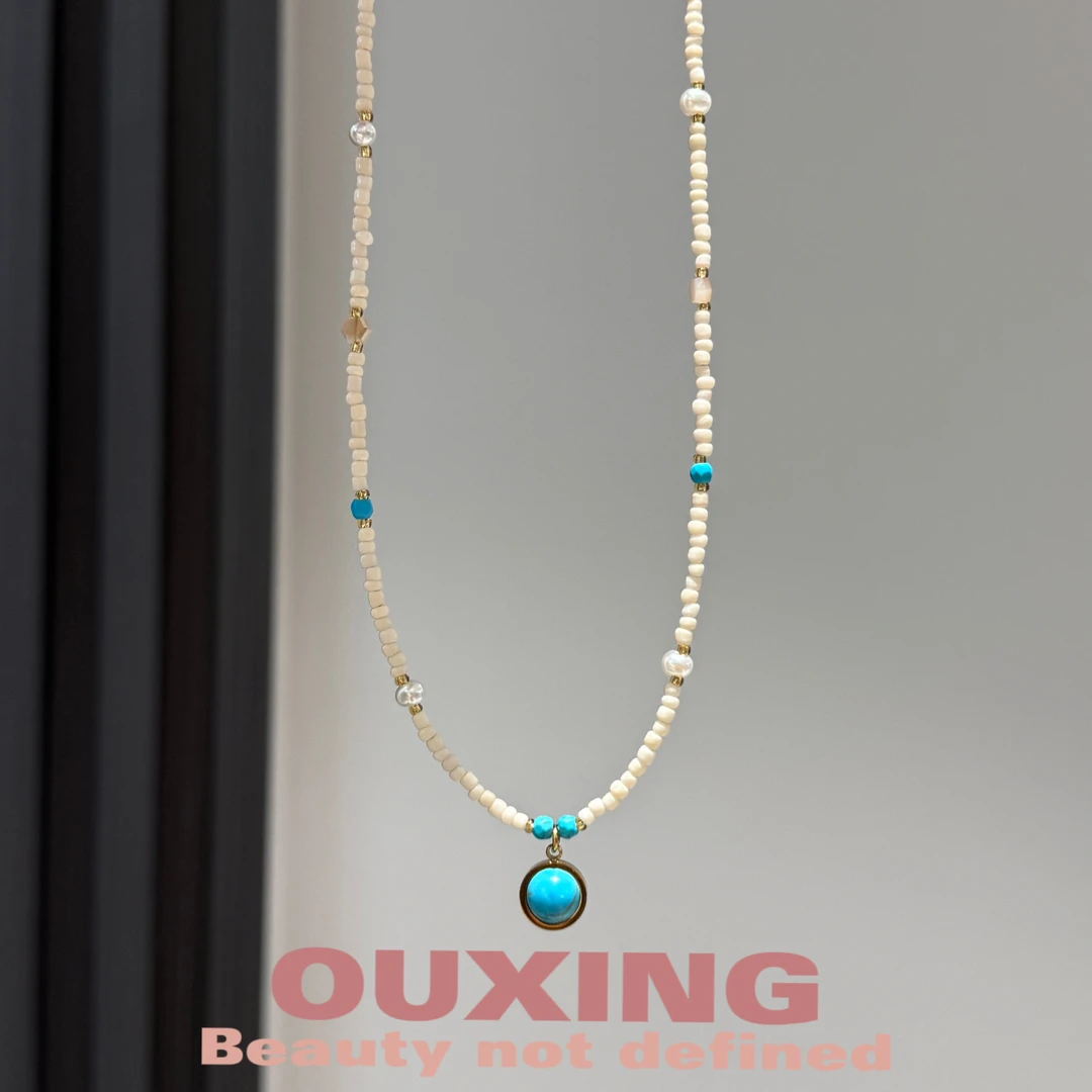 钛钢项链 [海浪]时尚蓝色简约百搭小米珠松松项链