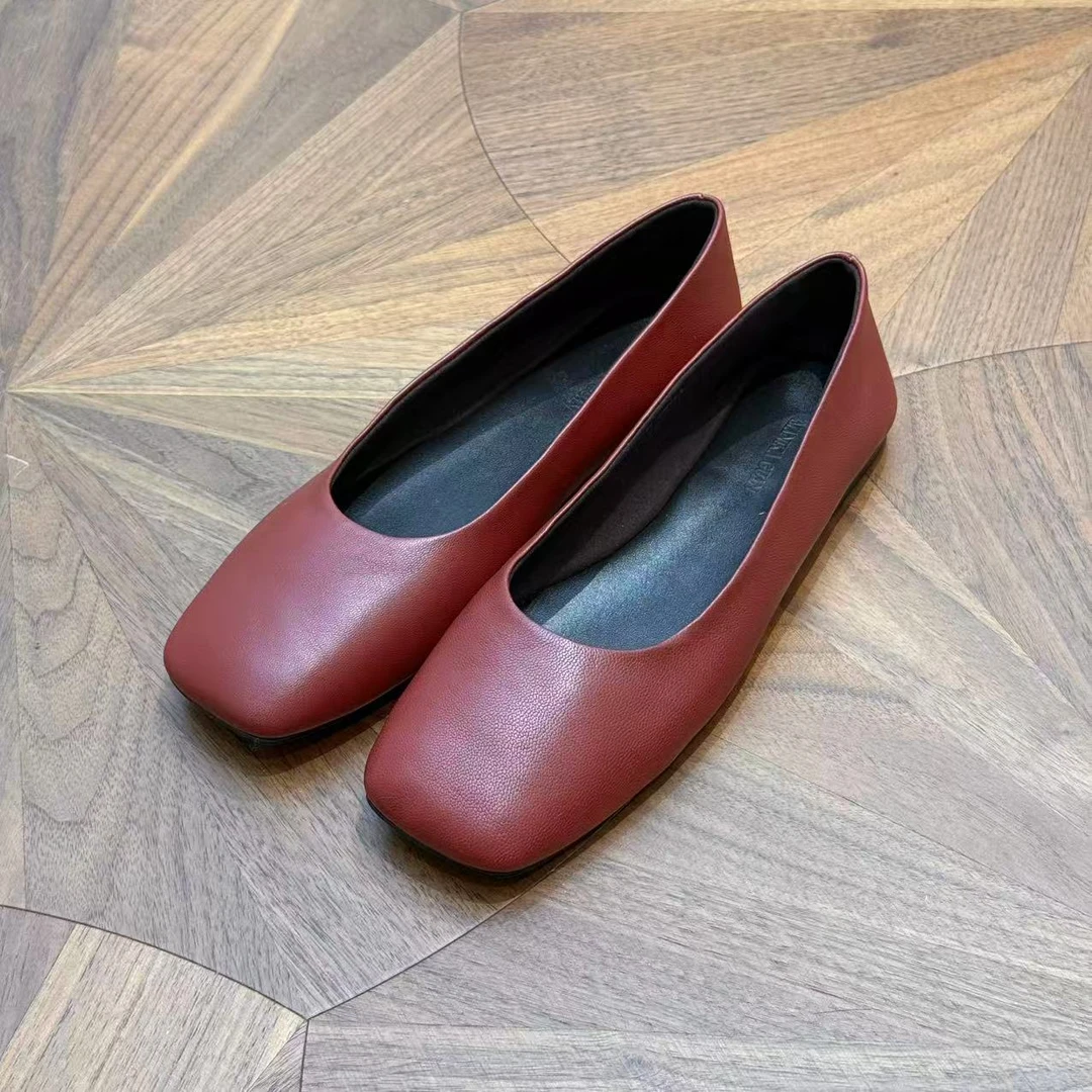 MYL 2025年夏季新款羊皮红色方头平底单鞋休闲百搭纯色休闲鞋