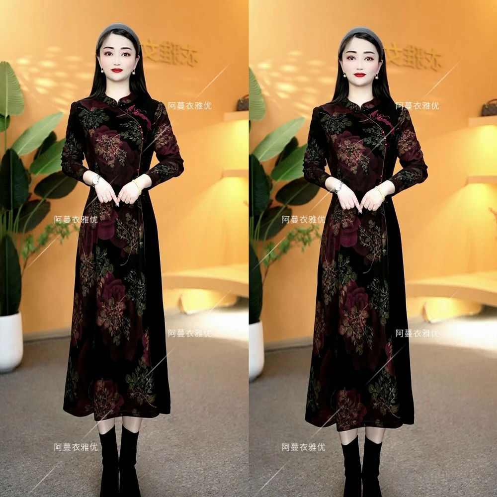 8089-1360#新款烫金重工刺绣改良旗袍连衣裙