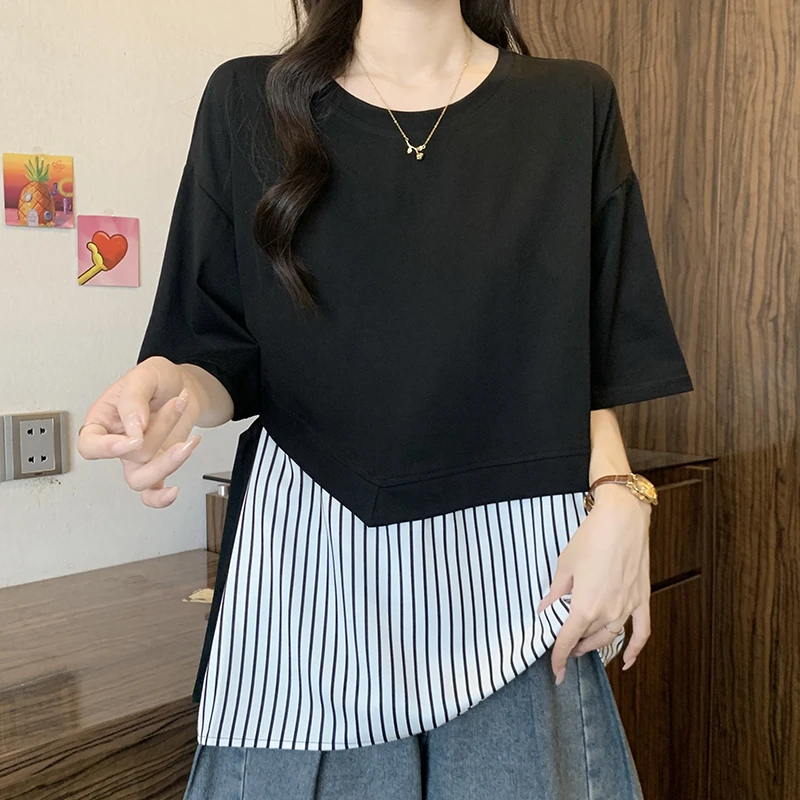 假两件拼接条纹短袖T恤女夏季2025新款大码胖mm宽松遮肚独特上衣