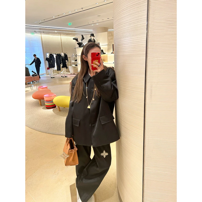 tingtings【女主很爱】可调节低腰高级感时尚珠光黑西裤