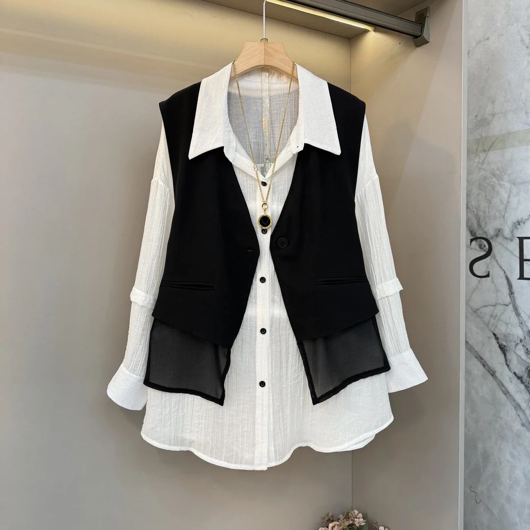韩系风格穿搭2025秋季白色长袖衬衫网纱拼接马甲上衣两件套2653
