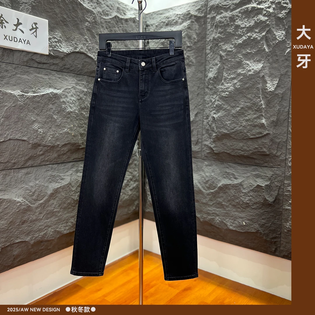 【大牙】268#黑灰色牛仔裤秋冬时尚轻奢彩绘印花男弹力小直筒