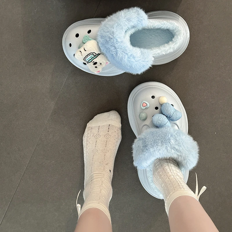 可爱卡通时尚厚底包头鞋女2025年秋冬季款外穿防滑增高加绒洞洞鞋