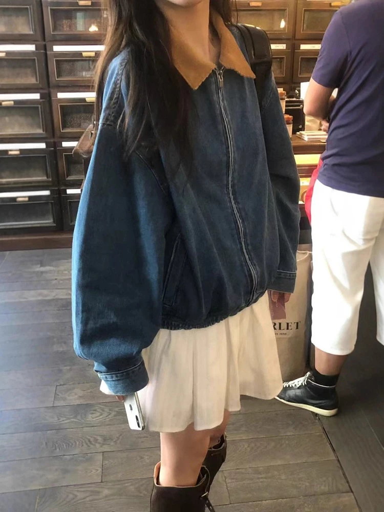 韩货-牛仔蓝撞色翻领外套女2025秋季宽松休闲长袖夹克上衣objet