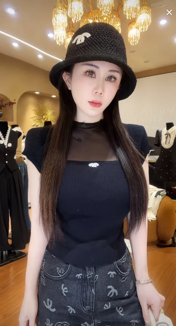 婷子-VIP家•订制洋气高货拼接网纱针织短袖(8-488)