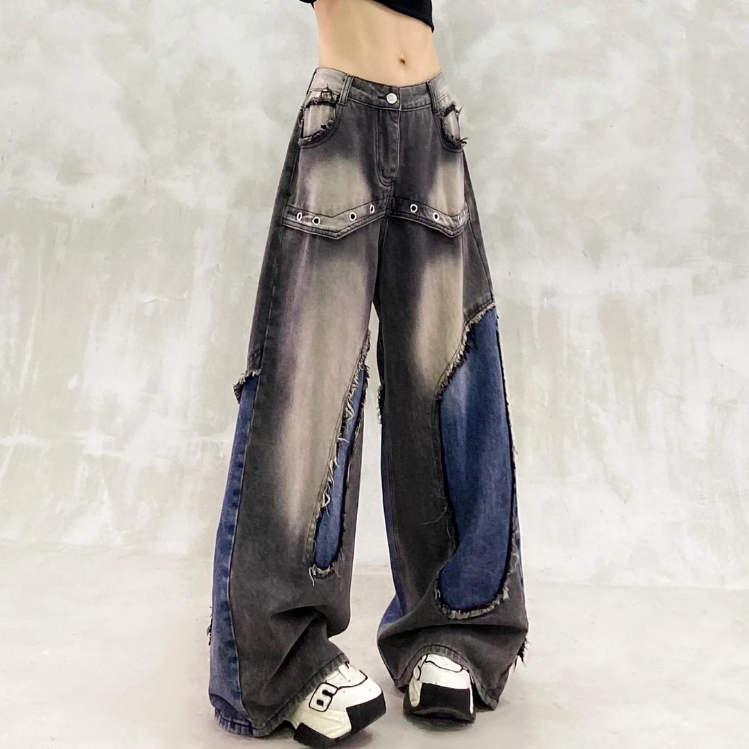 拼接设计感水洗休闲牛仔裤女春新款高腰宽松显瘦百搭直筒阔腿裤潮