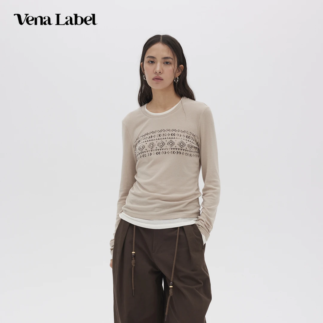 Vena Label假两件长袖T恤女25FW秋冬季新款打底印花复古内搭上衣