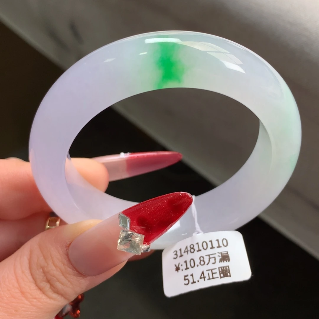 翡翠手镯未镶嵌糯冰春彩正圈手镯（有纹）
