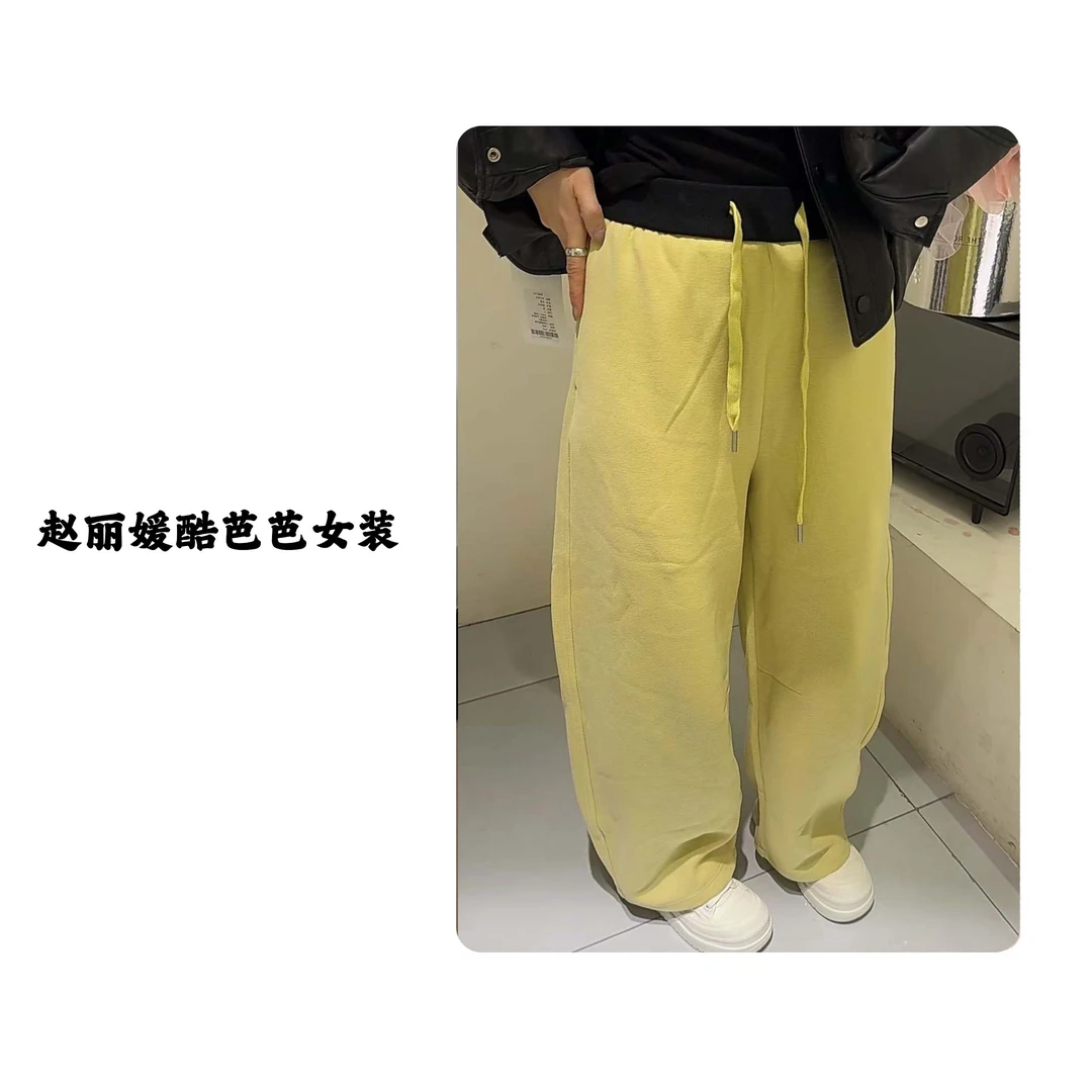 2025春季新款宽松显瘦休闲运动黄色阔腿裤子高腰直筒收脚松紧卫裤