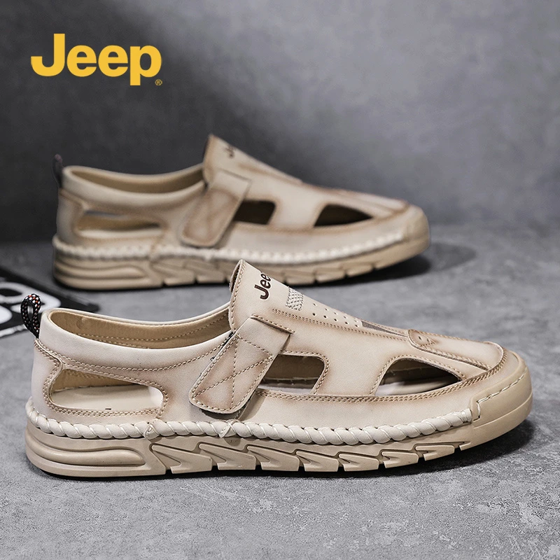 jeep夏夏季新款男士户外沙滩鞋休闲百搭外穿镂空凉鞋真皮软底潮鞋