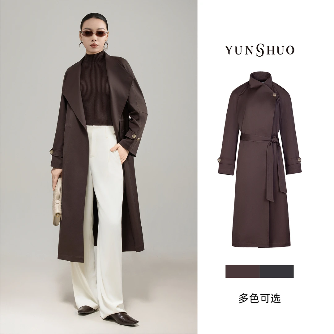 允硕新品琥珀高智风气质长款翻领百搭纯色女装简约风衣外套469124