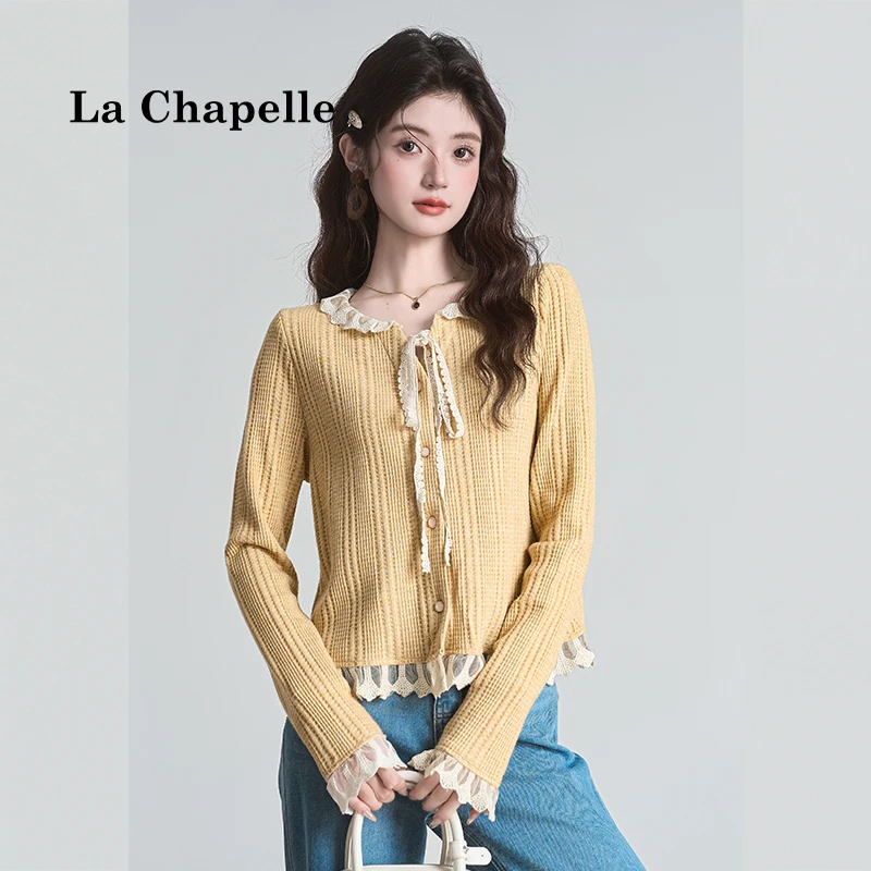 拉夏贝尔法式设计感长袖针织开衫女显瘦蕾丝拼接小个子短款上衣