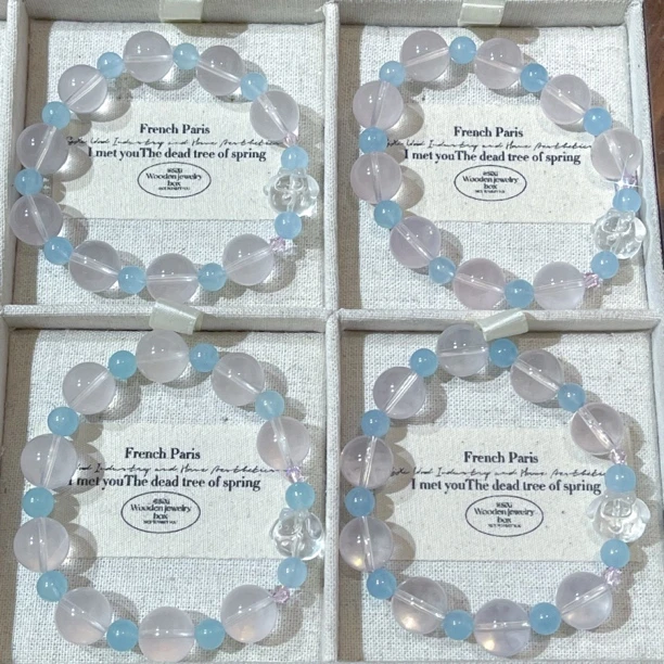 SG3182-［蜜桃海盐美美］海蓝宝粉水晶卡通手串均有色差瑕疵多样发