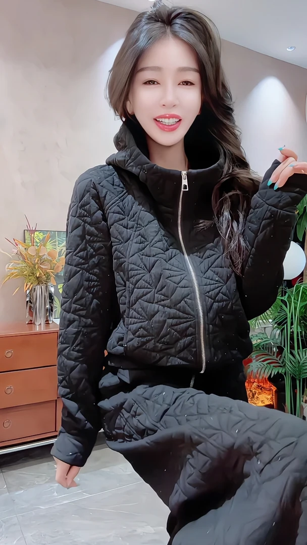 秋冬新款简约慵懒风加厚加棉拉链长袖外套休闲阔腿裤保暖两件套装