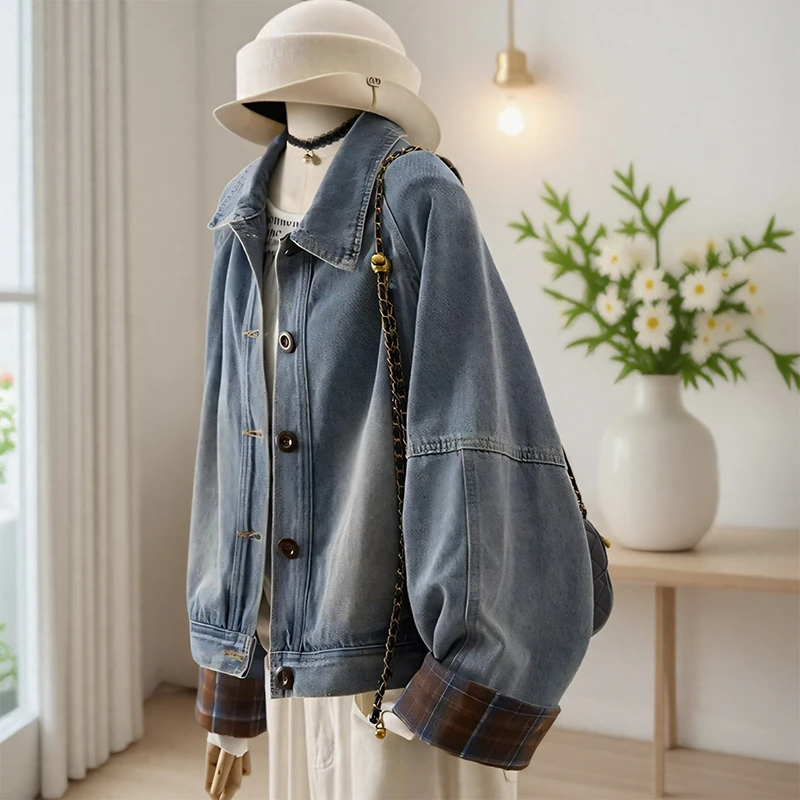 格子拼接牛仔外套女春秋2025新款时尚流行高级感夹克宽松显瘦爆款