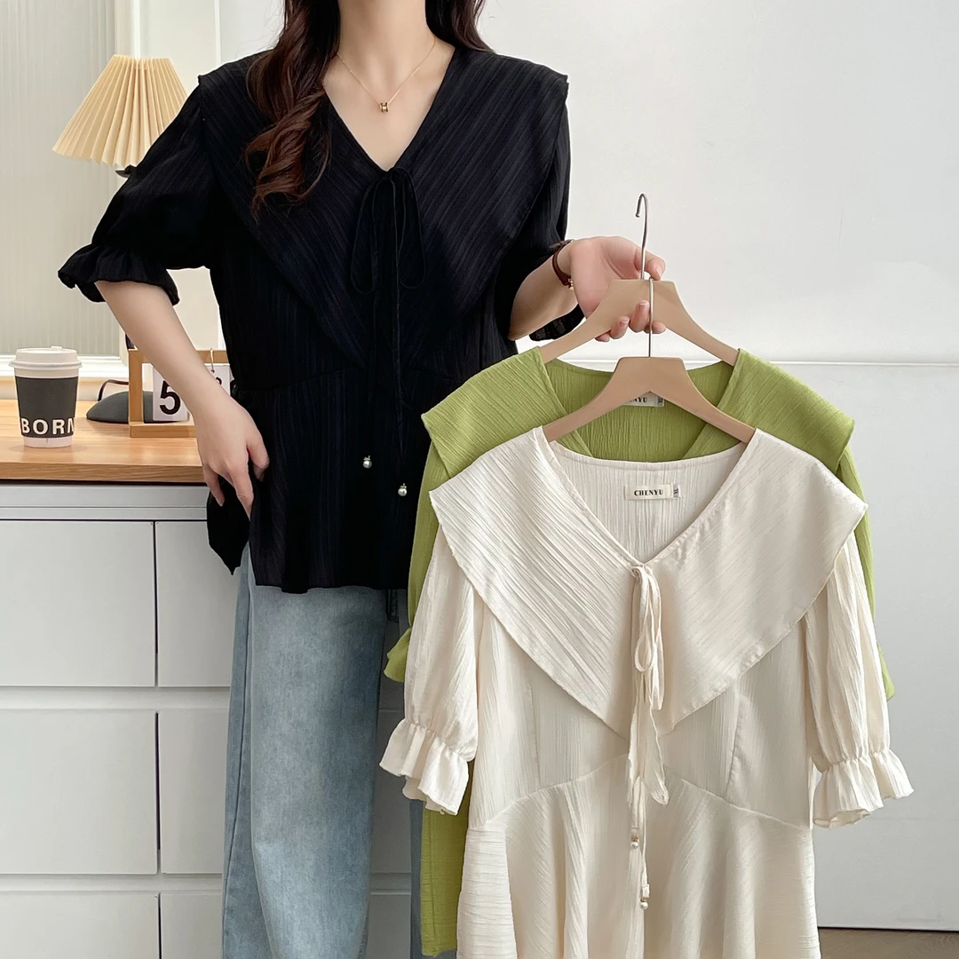 大码女装夏季设计感V领荷叶边洋气小衫胖mm韩版显瘦休闲百搭上衣