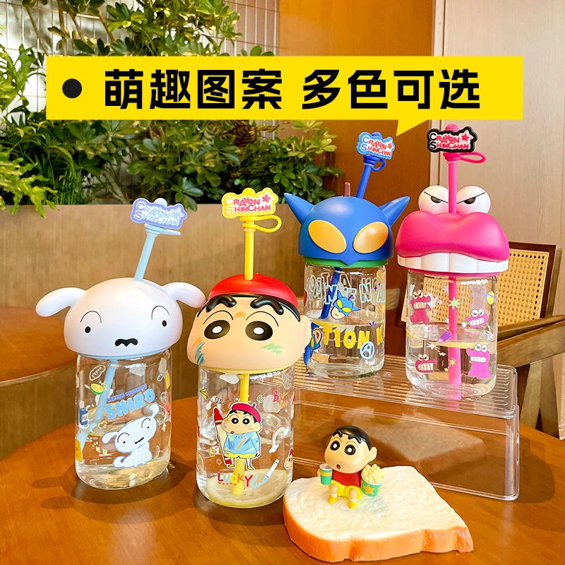 蜡笔小新正版可爱卡通夏季吸管杯高硼硅玻璃杯580ml百变萌桌面杯