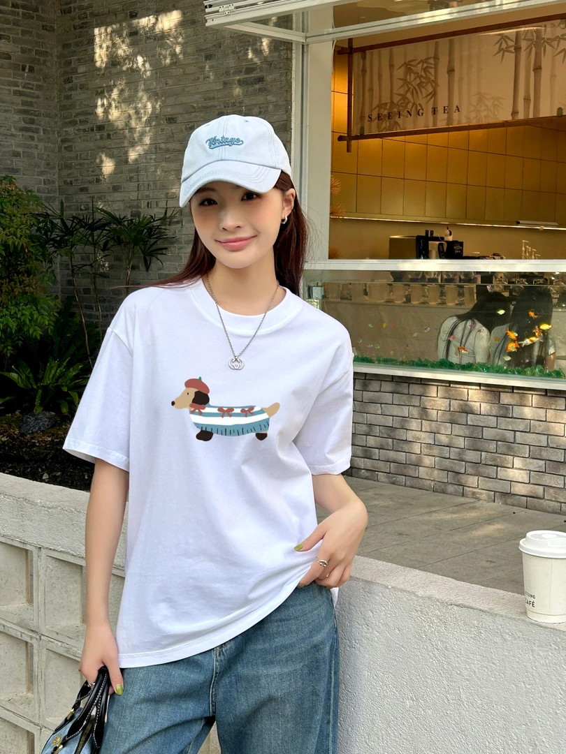 常规款纯棉小狗印花宽松型短袖T恤ins夏季韩版春夏运动