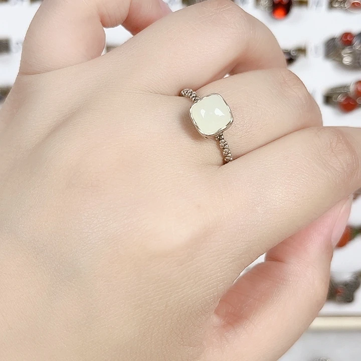 和田玉戒指银S925镶嵌天然