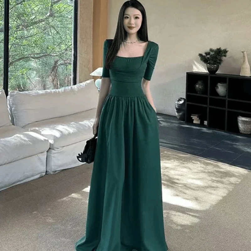 短袖方领胸口拼接连衣裙修身显瘦气质百搭遮肚收腰裙子女D1036