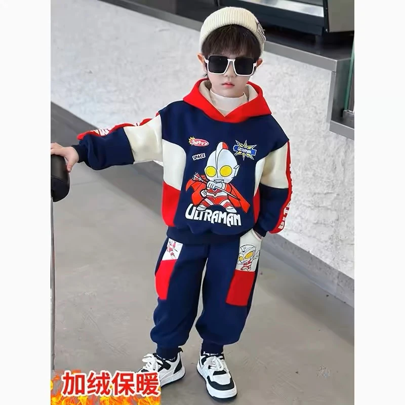 男童运动套装秋冬款男孩冬季儿童加绒连帽卫衣奥特曼两件套 H519