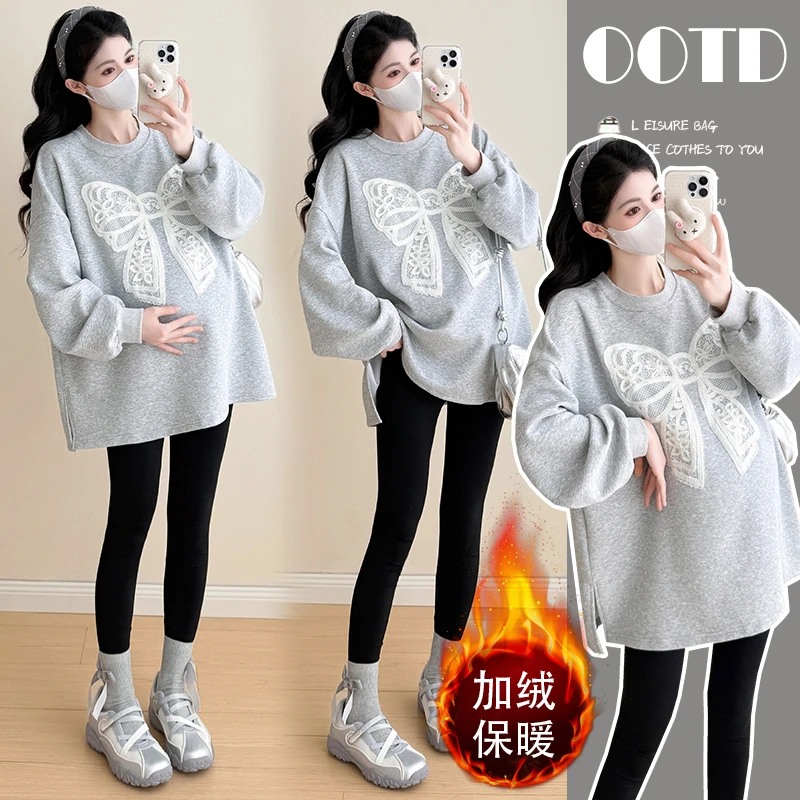 孕妇装秋冬季新款韩版时尚蕾丝蝴蝶结圆领卫衣女宽松加绒保暖上衣