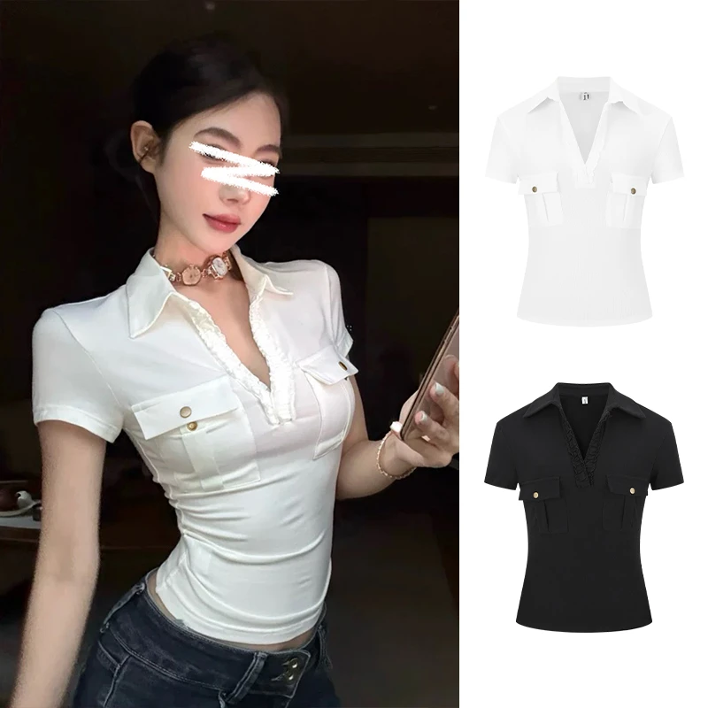 Moses Queen/魔西女王衬衫式V领口袋T恤性感设计感修身短袖上衣