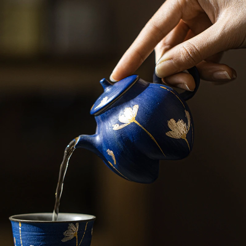 美朵|新中式克莱因蓝粉引手工茶壶金银彩手绘泡茶壶过滤复古轻奢