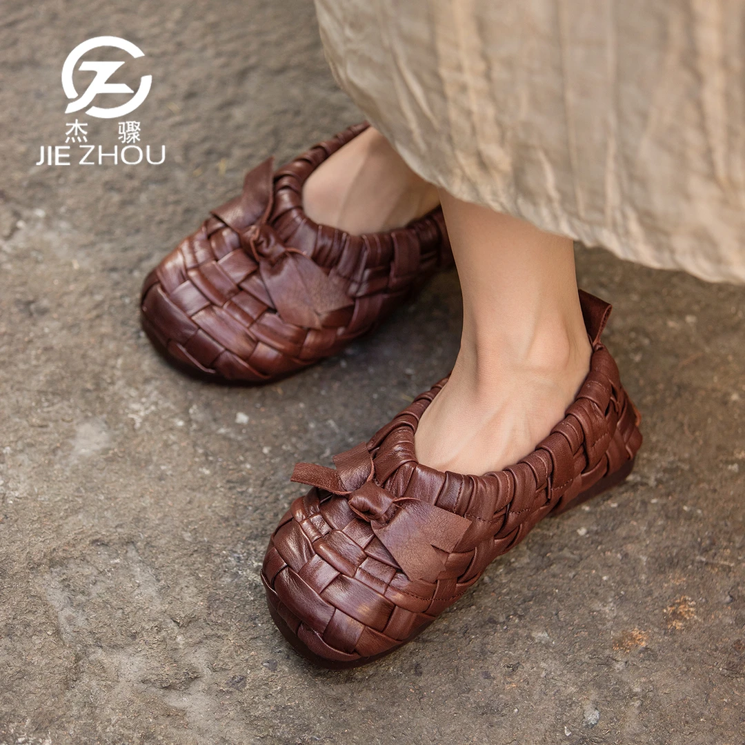 杰骤夏季外穿复古镂空编织凉鞋女真皮软底一脚蹬女鞋牛皮罗马凉鞋