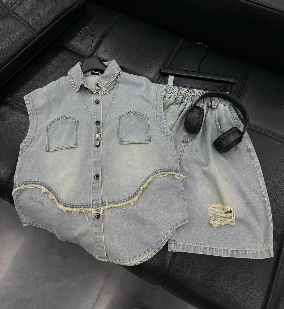 吾2025【Y】6月9日 儿童时尚潮酷蓝色牛仔短袖套装5366-