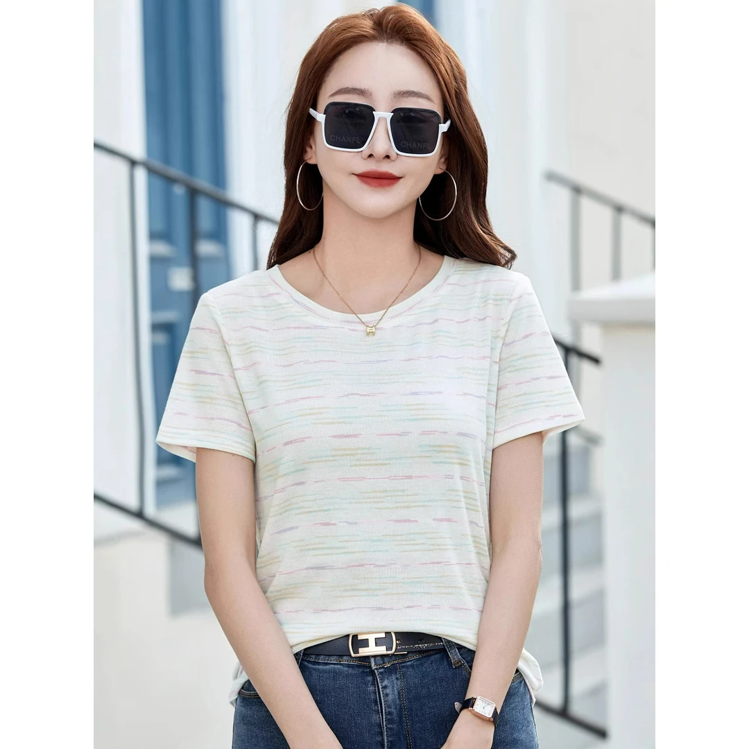 条纹圆领正肩文艺复古 T恤夏季短袖女士女宽松百搭设计感上衣
