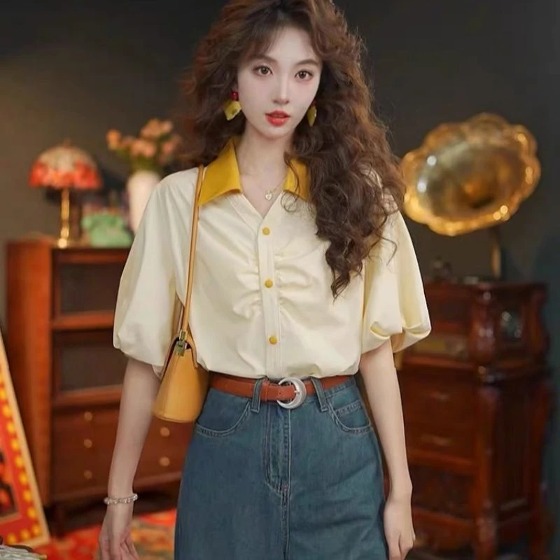 短袖褶皱衬衫女夏季新款港味复古撞色减龄时尚百搭设计感小众上衣